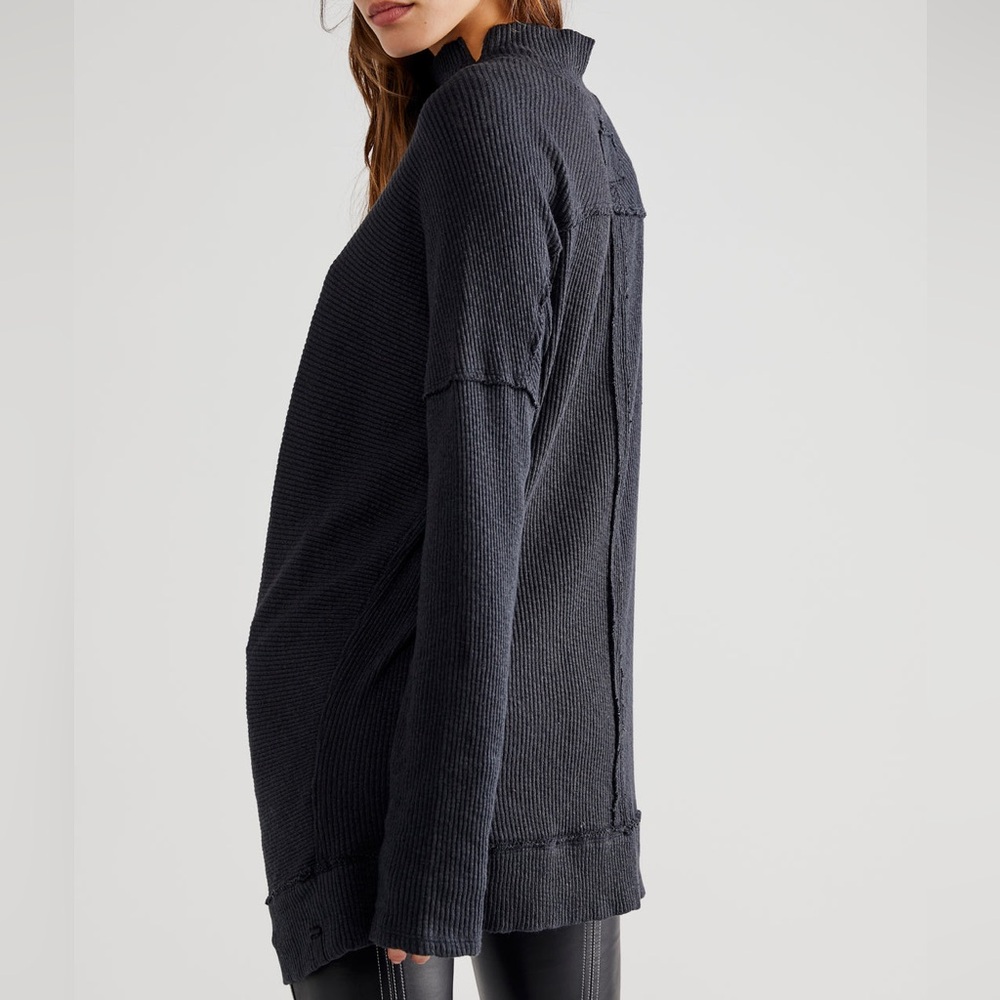 We The Free People Casey Black Ribbed Tunic Sweater